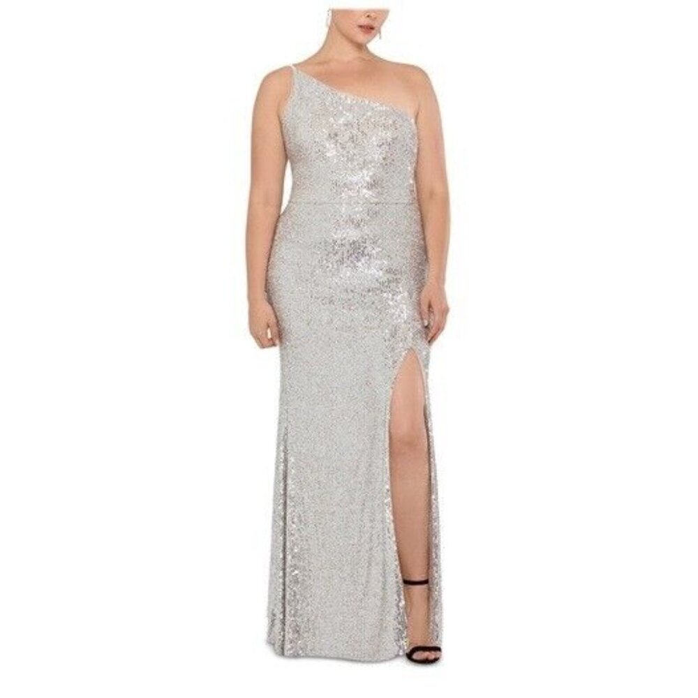 Xscape Womens Plus 22W Silver Sequined One Shoulder Long Evening Dress NWT BZ51